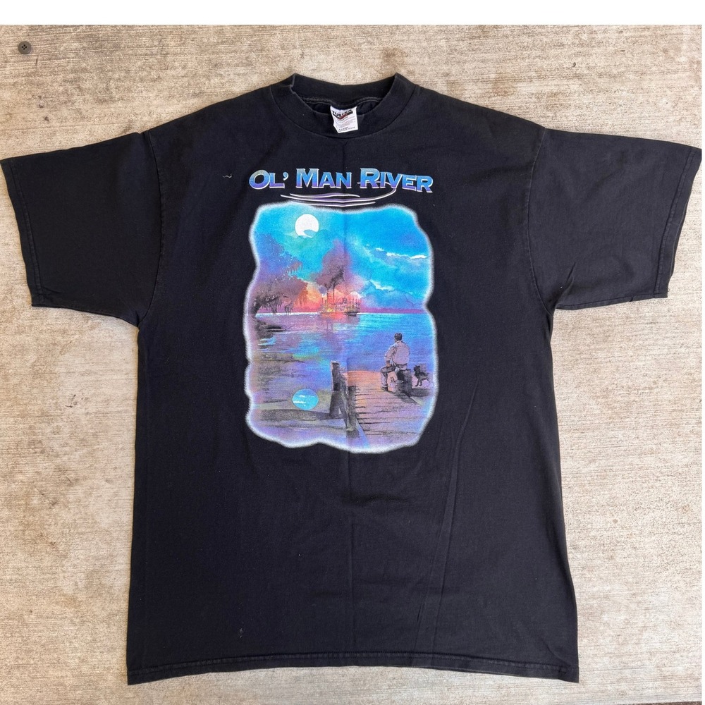 Tultex Ol' Man River Graphic T-Shirt Mens XL Black Vintage Style Cotton Tee